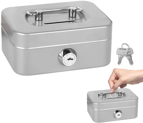 Kasse Abschließbar Mit Schlüssel - Geldkassette Klein Als Registrierkasse, Kleinkasse, Spardose Oder Sparbüchse (Grau)