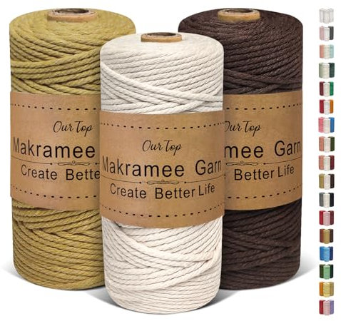 OurTop Hilo Macrame 3mm x 100m, Juego de 3 Cuerda Macrame Cordon Macrame Hilo de Macramé para Manualidades, Colgar de La Pared, Decoración Bohemia(Natural, Café, Marrón)