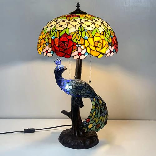 BOTOWI Pfau & Rose Tiffany Stil Buntglas Tischlampe, Vintage handgemachte dekorative Schreibtischlampe Zugschnur Schalter Leselampe für Wohnzimmer Hochzeitszimmer Büro Villa,Beige