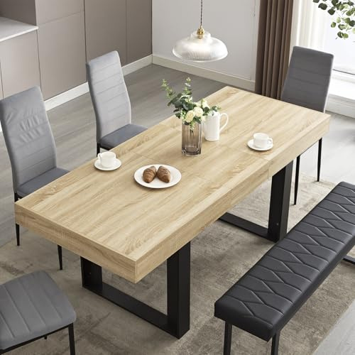 STHOUYN 63-79 Extendable Dining Room Table, Modern Farmhouse Wooden Kitchen, Long Expandable for 6 8 10, Large Expanding Conference (Rustic Oak)