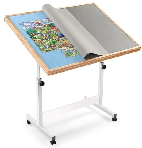 Vasitelan Adjustable Wooden Jigsaw Puzzle Table with Wheels, Puzzle Tables Fits 1500 Piece Puzzles,Wooden Puzzle Board for Adults (Blue, Without Drawer)