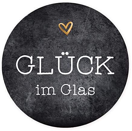 Aufkleber Glück im Glas im Set No.2 mit Herz | Rundes kleines Etikett rund D 3cm in Graumeliert | ideal für Marmelade Honig Einmachgläser Gastgeschenke zur Hochzeit Feste Geschenke