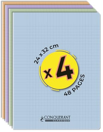 Conquérant, Lot de 4 Cahiers Classique Pastel 24x32 48 Pages Grands Carreaux Seyès Agrafées, Couverture Polypro, Pastel Vert, Lilas, Abricot, Bleu