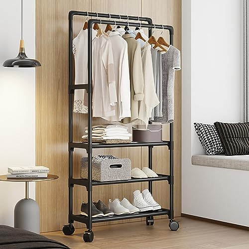 BestYiJo Metal Clothes Rail, Heavy Duty Clothes Rack on Wheels Portable with Double Hanging Clothing and 3 Tier Shoe Rack, Free Standing Rails to Hang Clothes for Bedroom (Black)