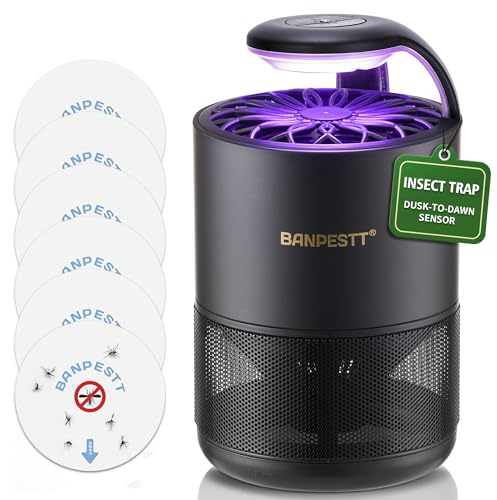 BANPESTT Automatic Insect Trap: Dusk-to-Dawn Sensor & Powerful Suction Quiet, Non-Zapper for Fruit Flies, Gnats, Mosquitoes | Includes 6 Glue Boards & UV Light (Black)