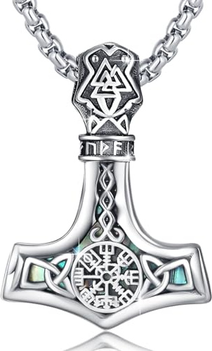 PAEYFO Collar Wiking de plata de ley 925, Keltischer Thor Hammer（32mm）, Plata esterlina, Cristal