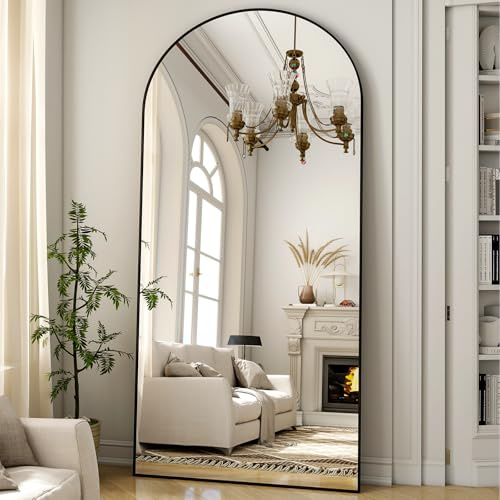 ZenoMirris Ganzkörperspiegel 180x76 cm, Bogenförmiger Standspiegel mit Aluminiumrahmen – Bodenspiegel und Wandspiegel zum Stehen, Anlehnen oder Hängen, für Schlafzimmer & Wohnzimmer, Schwarz