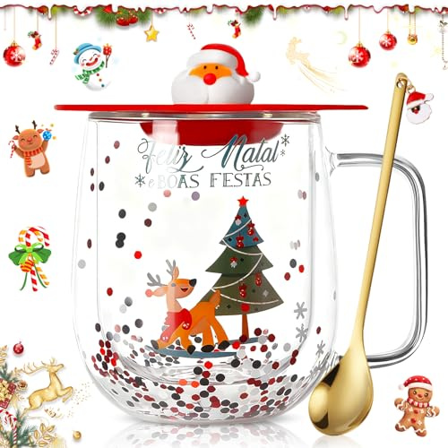 KDISHKRA Tazza di Caffè Doppia Parete Tazza, Tazza di Natale con Coperchio ad Babbo Natale e Cucchiaio Dorato, Decorazioni Natalizie Regalo di Natale per le Donne Bambini Amici colleghi