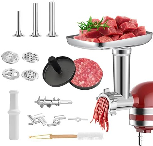 Hachoir à viande pour KitchenAid, ensemble de 16 accessoires en acier inoxydable avec 4 disques de hachage 3 poussoirs à saucisses presse viande et brosse de nettoyage Base