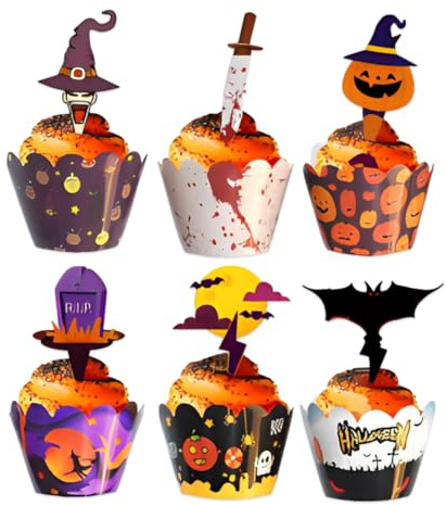 ZORVYN 48 pièces décorations en papier avec motifs chauve-souris, citrouille et fantômes, décorations de gâteau et muffins pour fête à thème Halloween, décorations de cupcakes d'Halloween