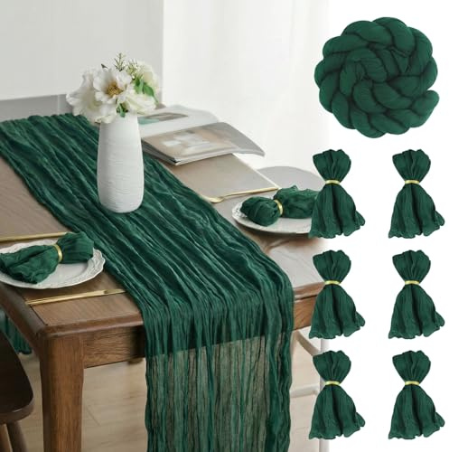 FALSKT Käsetuch Tischläufer Musselin 400cm×90cm Dunkelgrün Musselin Tisch Tischläufer Boho Gaze faltige Textur Dark Green Table Runner für Tischdeko Hochzeit Party Küche,6 Stück Servietten mit Ringen