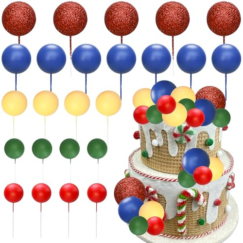 Gyufise 50Pcs Ball Cake Topper Sticks Mini Balloons Cake Decoration Foam Balls Cake Toppers for Baby Shower Birthday Party Supplies Red Blue Yellow Green