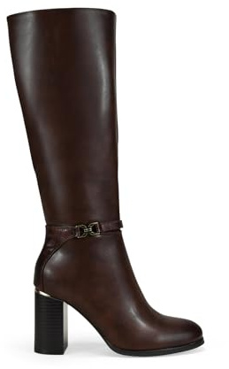 BOSANOVA Botas Altas de tacón para Mujer con Detalle metálico en la caña y Suela de Punta Redonda con tacón Efecto Madera. Cierre con Cremallera. Calzado para Mujer Marron 38