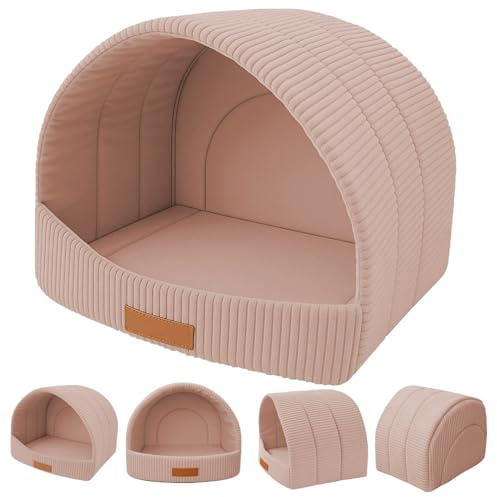 Leanbe Gemütliche Hundehöhle aus Cord, Personalisierbare Katzenhöhle mit Namensgravur, Beige, Gewölbte Form, Weicher Schlafplatz für Haustiere (Rosa, R3: 55 x 47 x 39 cm)