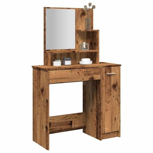 HaoChrymec Toletta Con Specchio Effetto Legno Di Recupero, Con Cassetto E Ripiani, Toilette Da Trucco Moderna Per Camera Da Letto, Postazione Make Up Salvaspazio, 86.5x35x136 Cm