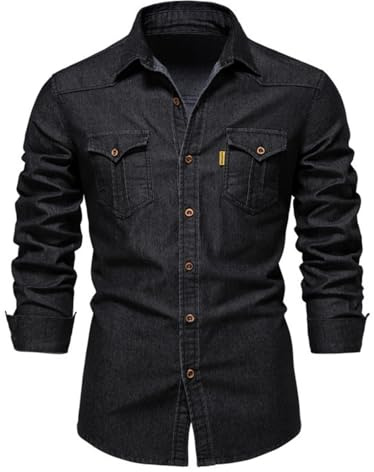 PADOLA Chemise Jeans Homme Manches Longues Slim Fit Boutonnée Chemises avec Poches élégant Denim Surchemise Vintage Chemise Cowboy Western Cargo Chemises Travail Décontractée (1 Noir, S)