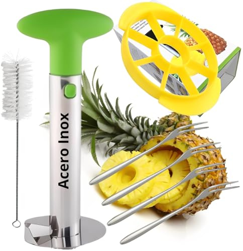 Cortador de Piña Natural de Acero Inoxidable. Descorazonador y Pelador de Piña. Accesorios: Troceador de Piña, 4 Tenedores Inox y Cepillo de Limpieza (Cortador de piña Mango Verde + 3Accesorios)
