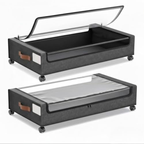 Under Bed Storage Box with Wheels, 2 Pack, Grey Fabric Rolling Storage with Clear Window, Zippered Underbed Storage for Clothes Shoes Bedding