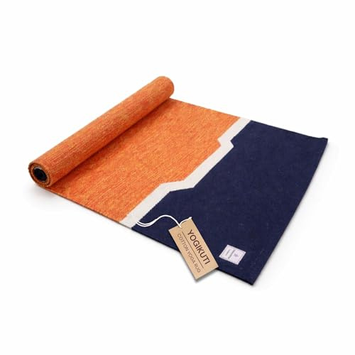 Yogikuti Yogamatte aus 100% Baumwolle, natürlich, gewebt, atmungsaktiv, rutschfest, für Ashtanga, Iyengar und Meditationspraxis, faltbare und umweltfreundliche Yogamatte (Orange mit Blau)