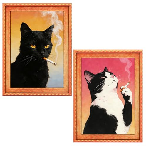2 lustige Katzen-Kühlschrankmagnete, Katze kühlschrank Magnete Vintage, Dekorationsartikel im Vintage-Ölgemälde-Stil, geeignet für Zuhause oder öffentliche Orte, modisches Musterdesign