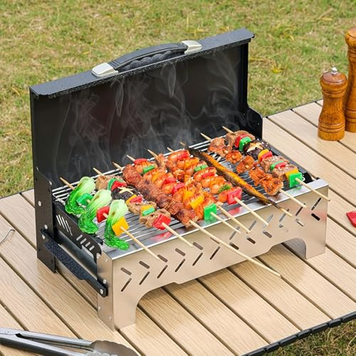 Pardarsey Portable Charcoal Grill, Foldable Tabletop BBQ Grill with Heat Shield, Stainless Steel Smoker for Camping, Picnic, Backyard & Outdoor Cooking