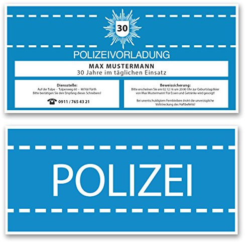 gestaltenlassen.com (20 x) Einladungskarten Geburtstag als Polizei Vorladung Karte Einladungen in Blau