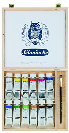 Schmincke – AKADEMIE Acryl, 12 x 60 ml-Tuben, 76 014 097, 12 brillante, hoch lichtechte Farbtöne im Holzkasten, 1 daVinci Pinsel, feine Künstler-Acrylfarben, kadmiumfrei, ideal zum Mischen