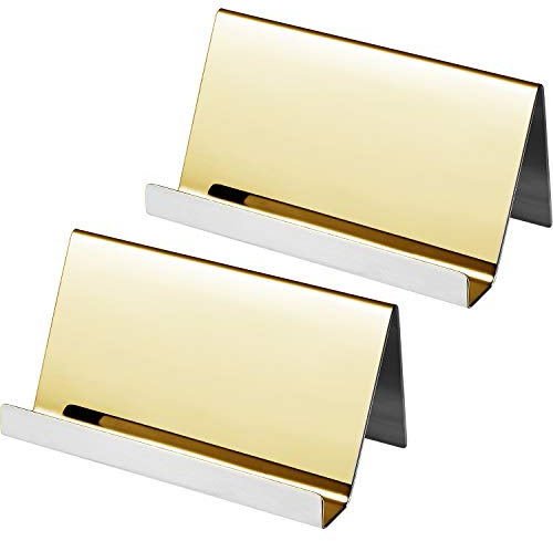 Maxdot 2 Pack Stainless Steel Business Cards Holders Desktop Credit Name Card Display Organizer for Business Mental Name Case Rack for Office Home Daily Use(Champagne Gold)