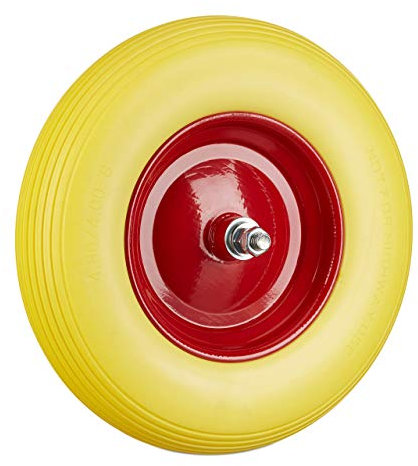 Relaxdays 1x Ruota per Carriola Gomma Piena con ASSE 4.80 4.00-8 di Ricambio, Carico Max 100 kg, Antipanne, Giallo-Rosso