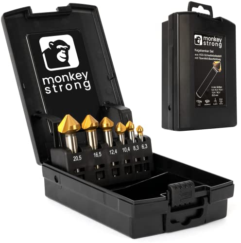 monkeystrong Kegelsenker Set - richtig scharf - 90° Ø 6,3-20,5 mm HSS TiN - Senker und Entgrater für Holz, Metall, Stahl, Kunststoff