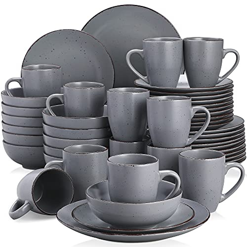 Tafelservice Steingut, vancasso MODA Geschirrset, Vintage Aussehen, 48-teiliges Kombiservice mit je 12 Speisetellern, Kuchentellern, Schalen und Tassen Grau