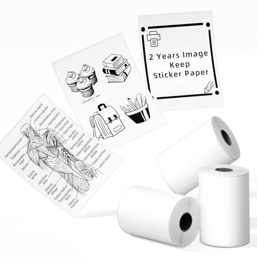 Phomemo Sticker Paper- for T02/T02Pro/Q02E/M02X/Y02C/Q02 Mini Printer, White Thermal Sticker for Study Notes, Photo, DIY, Stickers, Image Time 2 Years, Black on White Sticky Paper, 50mm x3.5m, 3 Rolls