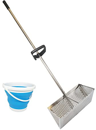 Sand loppor kratta, sandsilar i rostfritt stål, avtagbar 117 cm långt handtag, hopfällbar hajtandsil för stranden, sandkrabba fångare med vikbar hink.