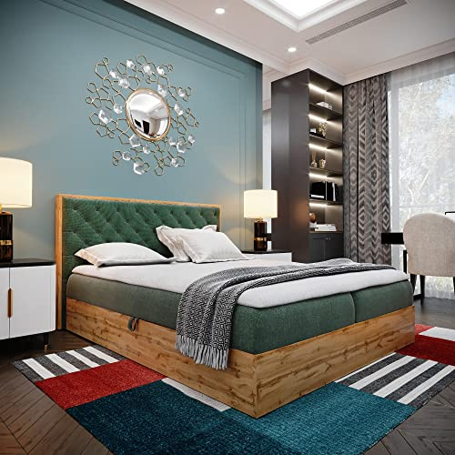 FURNISTAR Boxspringbett LOFT 3-180x200cm Grün. Doppelbett mit Bonellmatratze, Bettkasten, Topper, Kopfteil.
