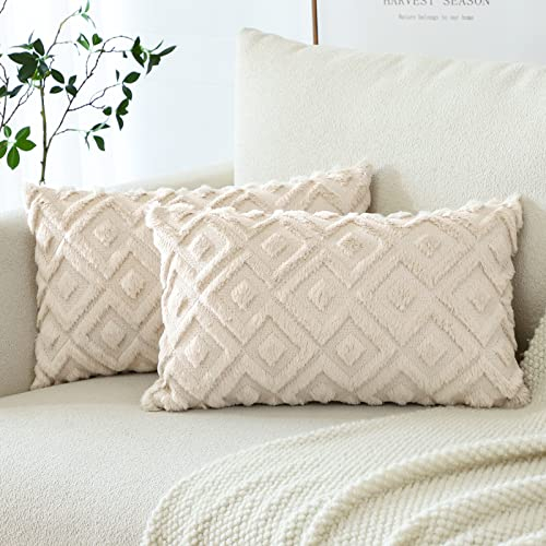 Artscope 2er Set Wolle Kissenbezüge Weicher Plüsch Kurzer Wollsamt Dekokissenbezuge Luxuriöses Sofakissen Boho Kissenhülle für Sofa Schlafzimmer Geometrische Creme Beige, 30x50cm