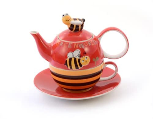 ChaCult | Théière Fritzi | Théière en céramique décorée avec tasse et assiette | Mini Set Théière + Tasse + Assiette | Service à thé unique avec décoration d'abeille