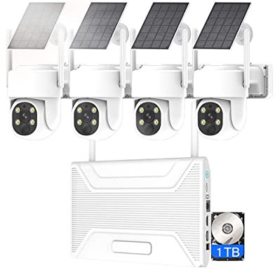 AKAVIG Système de caméra de sécurité domestique à énergie solaire avec 4 caméras et disque dur 1T, kit NVR de surveillance WiFi sans fil de 4 Mpx pour l'extérieur avec audio bidirectionnel
