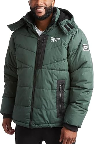 Reebok Mens Winter Jacket - Thick Heavyweight Ski Winter Coat - Warm Insulated Quilted Hooded Puffer Coat for Men, Size Large, Olive