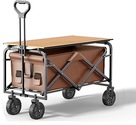 WRJAHCG Bollerwagen Faltbar,Braun Faltbar Garten Handwagen Transportwagen Mit Seitentasche Campingwagen Verstellbarem Griff Klappbares Tischbrett Campingwagen Tragfähigkeit 150Kg