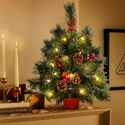 Vothen 20inch árbol de Navidad pequeño, Mini árbol de Navidad Artificial preiluminado con Luces LED cálidas, Adornos de piña de Frutos Rojos para decoración navideña del hogar