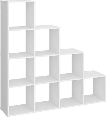 Panana Bücherregal mit 10 Fächern, Regal offen, Büroregal, Stufenregal, Wohnzimmer, Schlafzimmer, Büro, Kinderzimmer (Weiß)