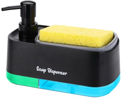 GINZER Dish Soap Dispenser for Kitchen Countertop with Sponge Holder - Refillable Non-Slip 3-in-1 Dispenser Dish Soap Hand Soap Dispenser for Kitchen Sink, Essential Kitchen Gadgets – Black