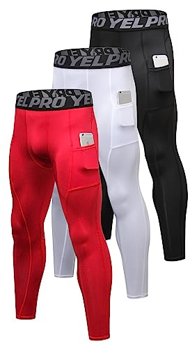 LEICHR 3 Pack Mens Compression Pants Running Tights Athletic Sports Baselayer Pockets Basketball Active Tights