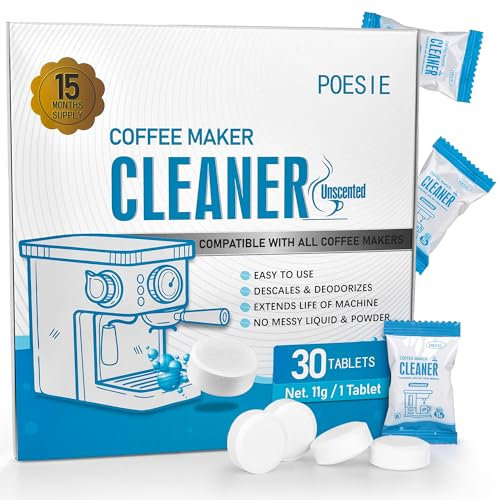 Poesie 30 pastillas de limpieza para cafetera, descalcificador para cafetera, compatible con todas las máquinas de café, descalcificación y limpieza para café por goteo y espresso