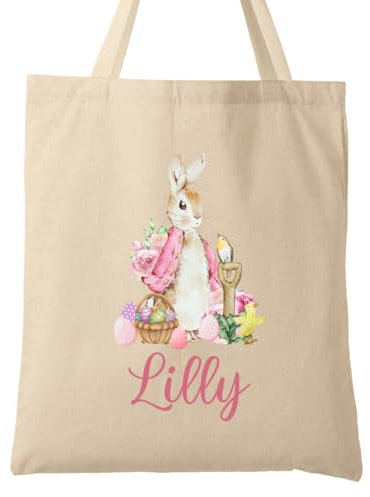 Second Ave Personalised Cute Pink Bunny Rabbit Easter Bag Easter Egg Hunt Basket Gift Bag Girls