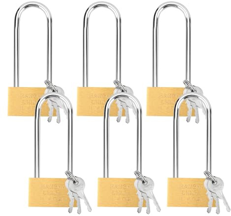 YKUKIZEE 6 Pack Long Shackle Padlock with Key, 50 mm Heavy Duty Lengthened Padlock, Weatherproof Brass Long Padlocks High Security for Outdoor Warehouse Garage Fence Shed Gate Garden