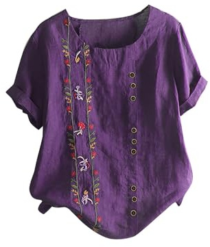 Tallas Grandes Camisetas Manga Corta Mujer,Camisa Lino Mujer de Cuello en Redondo con Botones Moda Lino y Algodón Camiseta con Floral Estampado Casual Corte Suelto Multicolor Pullover Tops