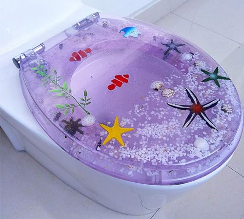Transparenter Toilettensitz Aus Kunstharz, Echte Muscheln Und Sande, Antibakteriell, Verstellbar, Edelstahlscharnier, Toilettendeckelabdeckung, Langsames Absenken, Obere Montage, V/o/u-form(Color:A)