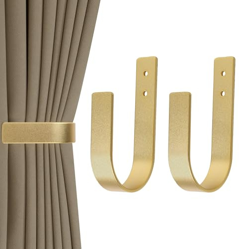 Groleca 2 Pack Modern Curtain Holdbacks Curtain Tiebacks Wall Mount Solid Aluminum U Shaped Curtain Wall Hooks Curtain Pull Backs Curtain Holders Curtain Tie Backs for Curtain (2, Gold)