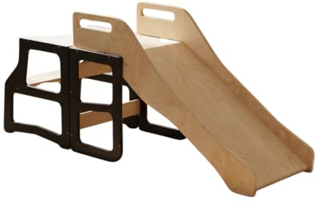 Dunorm Montessori-Lernturm für Kinder | Umwandelbarer Helferhocker | Handgefertigt | Mit Hochstuhl-Rutsche Option | Für Küche & Alltag (Schwarz, mit Rutsche)